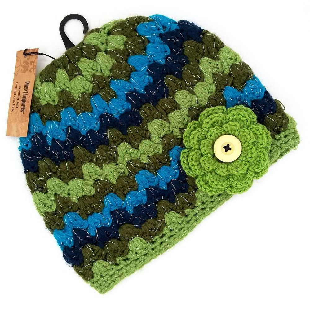 Pier1 Imports Crochet Beanie OS Green Blue Silver Metallic Flower Retro Fall NWT